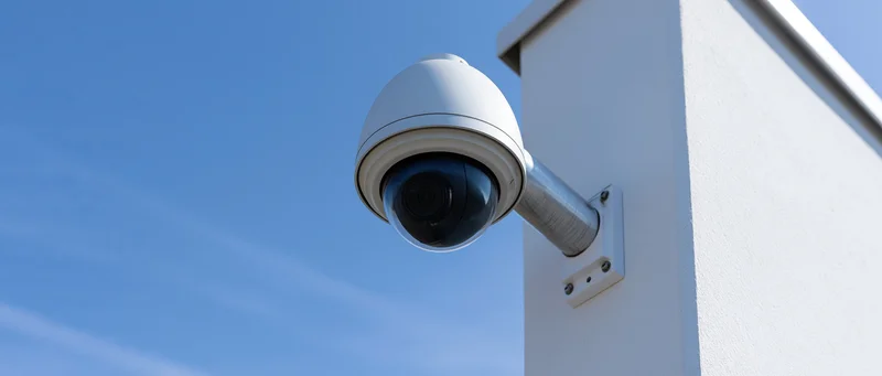 Dome security camera mounted on white metal bracket on building exterior under clear blue sky