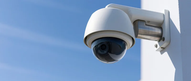 Dome security camera mounted on white metal bracket against blue sky