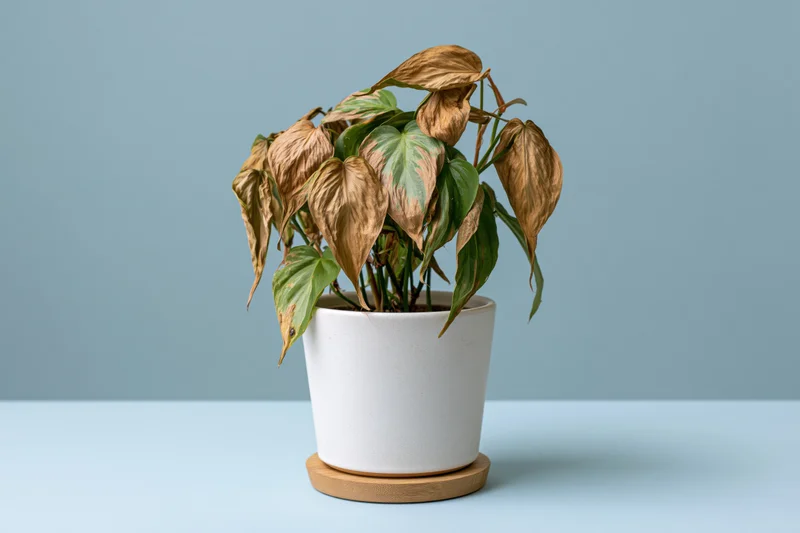 Dying houseplant with wilted brown and green leaves in white ceramic pot on wooden saucer against blue background