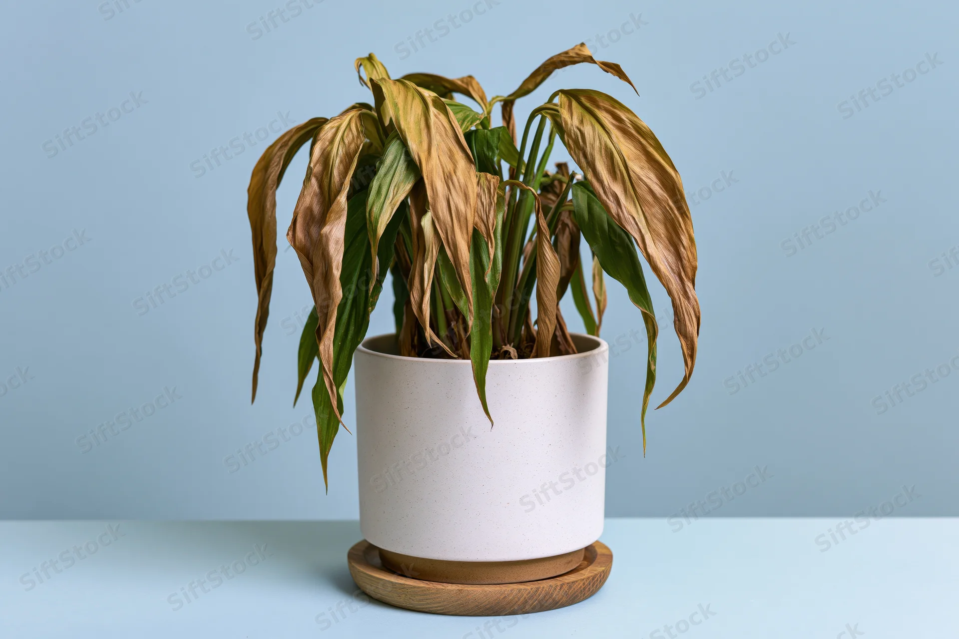Dying houseplant with wilted brown and green leaves in white ceramic pot on wooden saucer against blue background