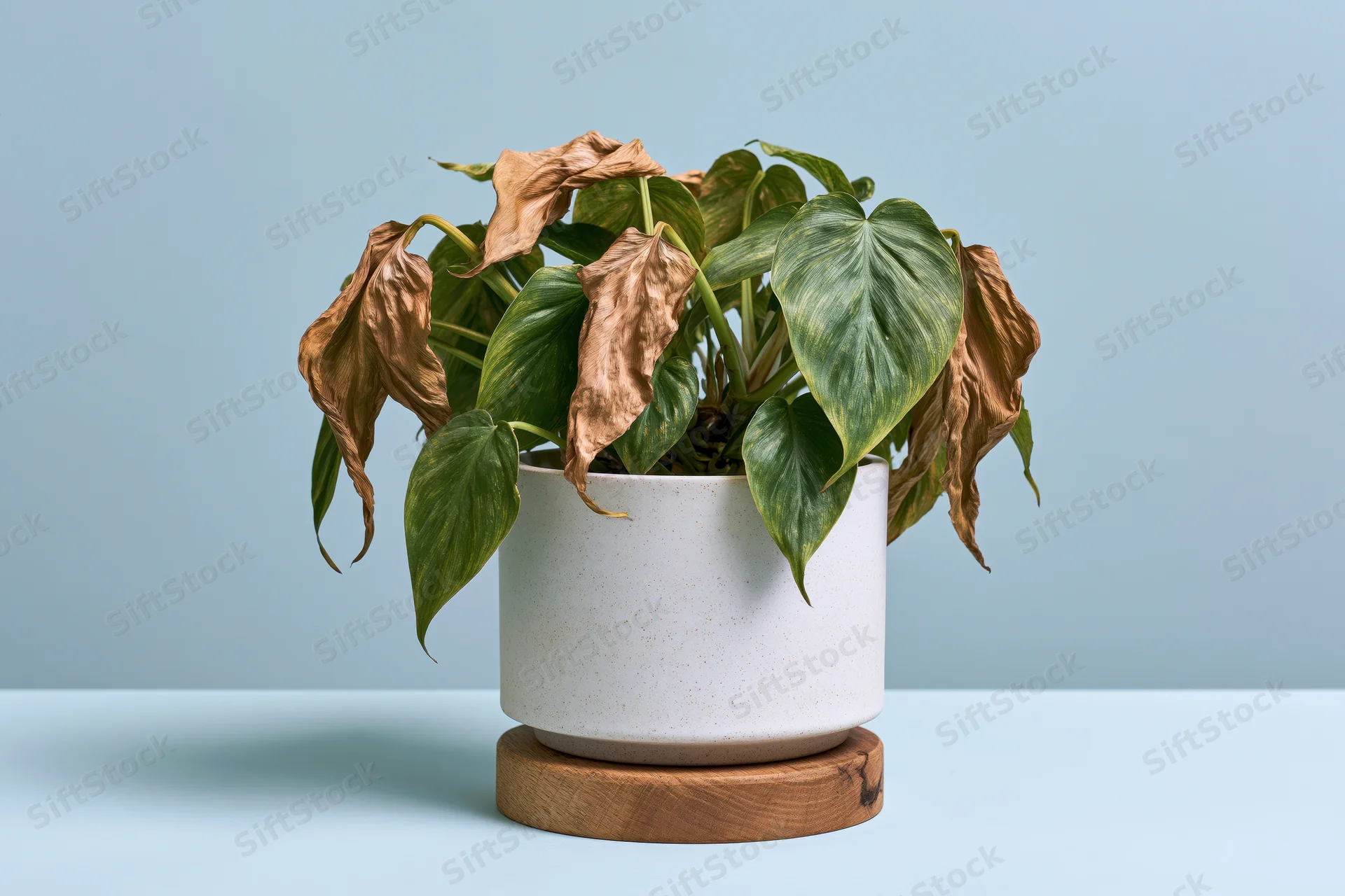 Dying houseplant with wilted brown and green leaves in a white ceramic pot on a wooden coaster against a blue background