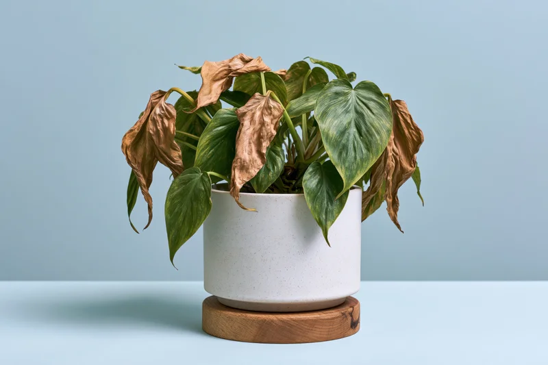Dying houseplant with wilted brown and green leaves in a white ceramic pot on a wooden coaster against a blue background