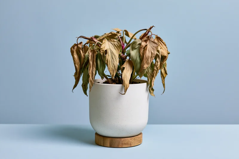 Dying houseplant with wilted brown and green leaves in a white ceramic pot on a wooden saucer against a light blue background