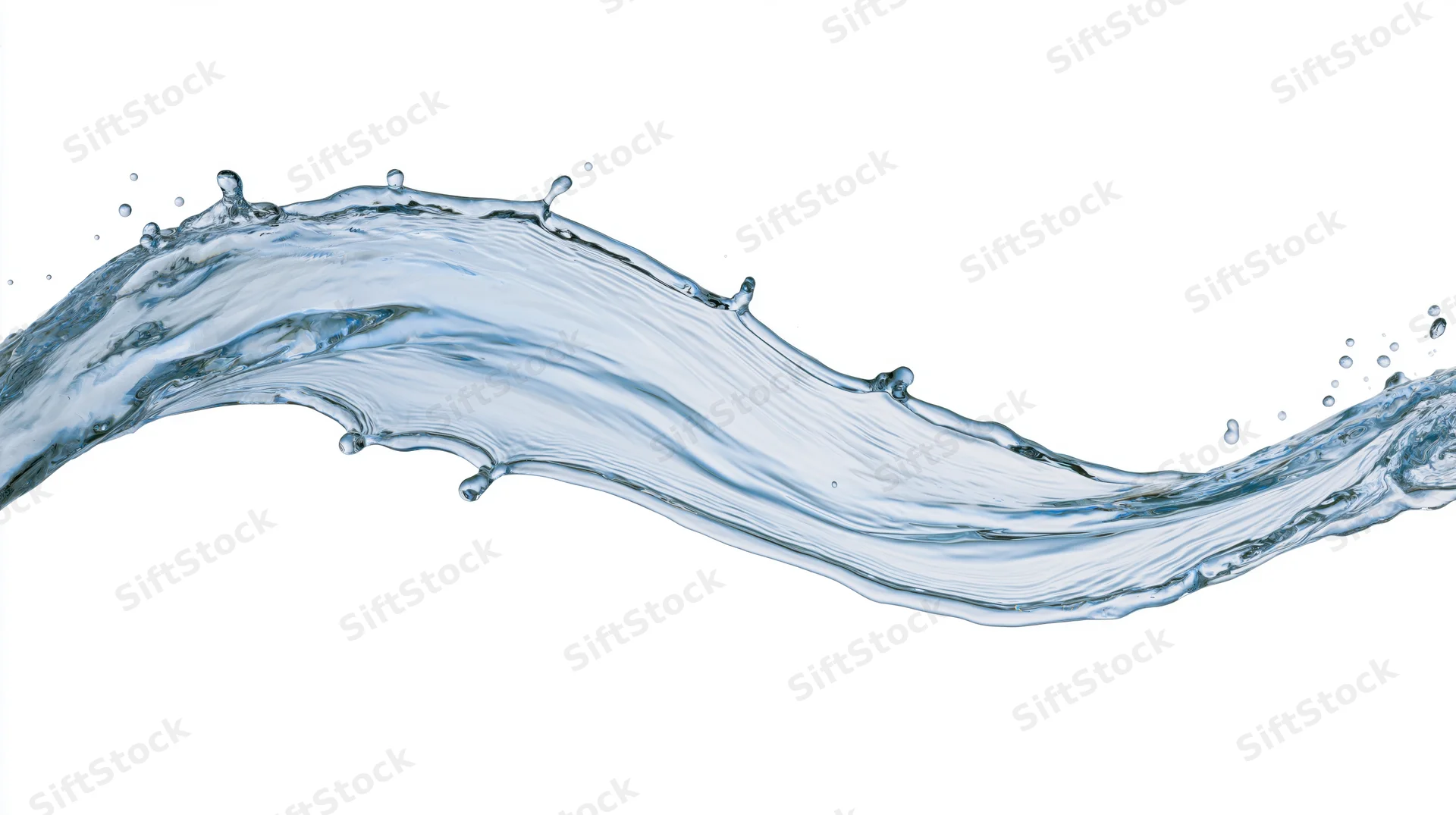 Dynamic water splash curving mid-air against white background