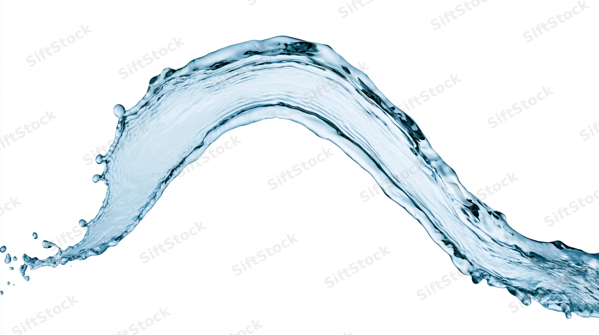 Dynamic water splash curving in midair against white background