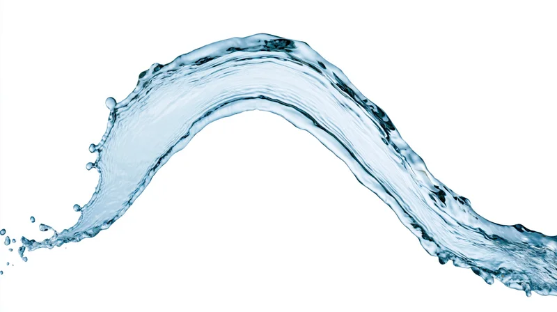 Dynamic water splash curving in midair against white background