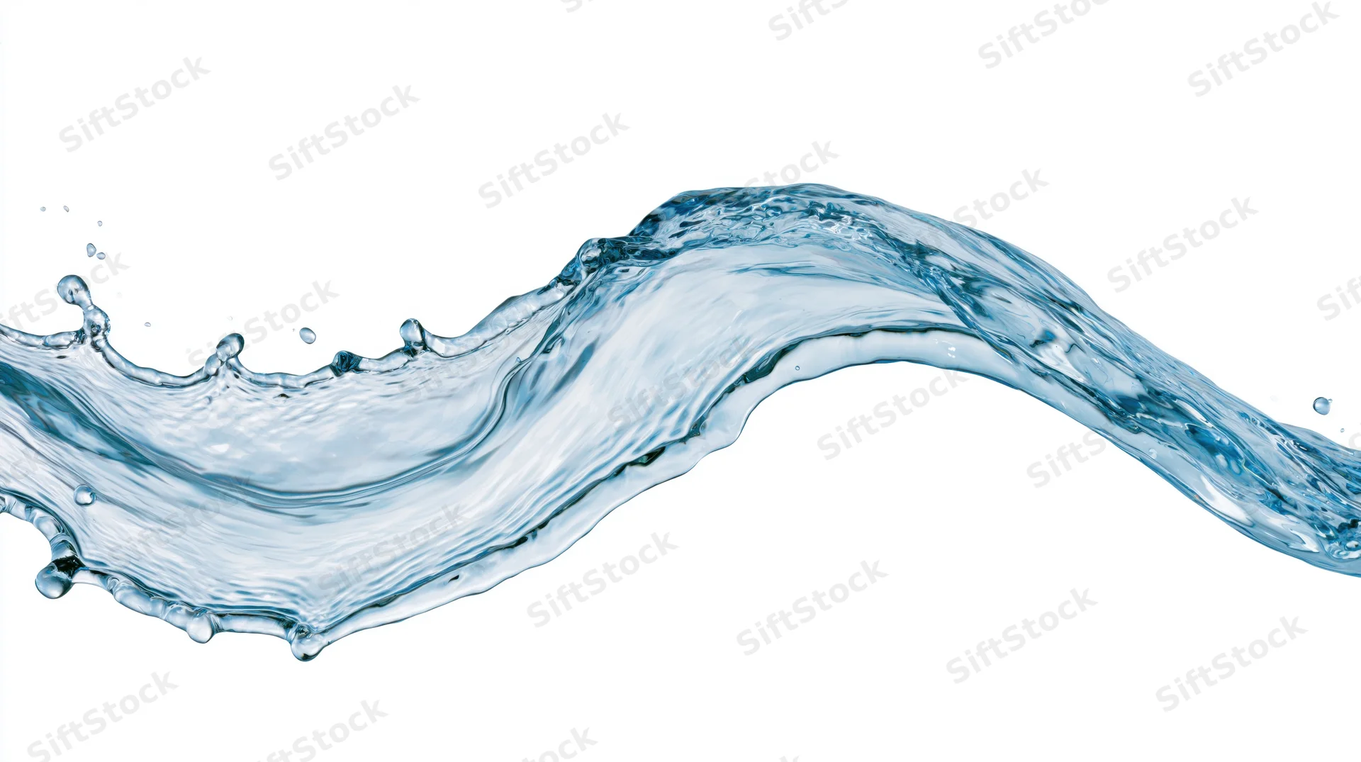 Dynamic water splash frozen mid-motion curving across white background