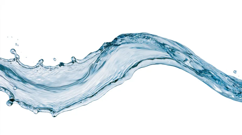 Dynamic water splash frozen mid-motion curving across white background
