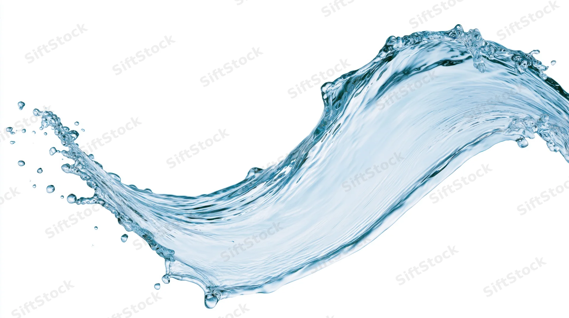 Dynamic water splash curving mid-air against white background
