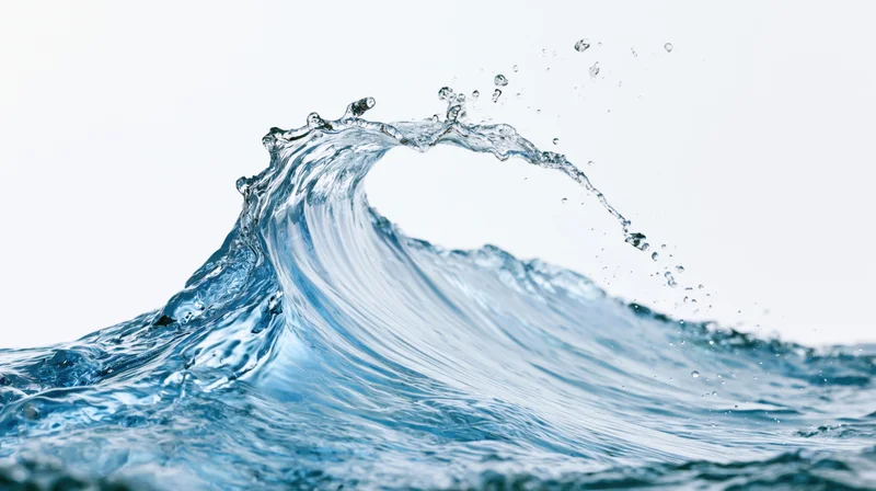 Curling water wave forming a splash against a white background