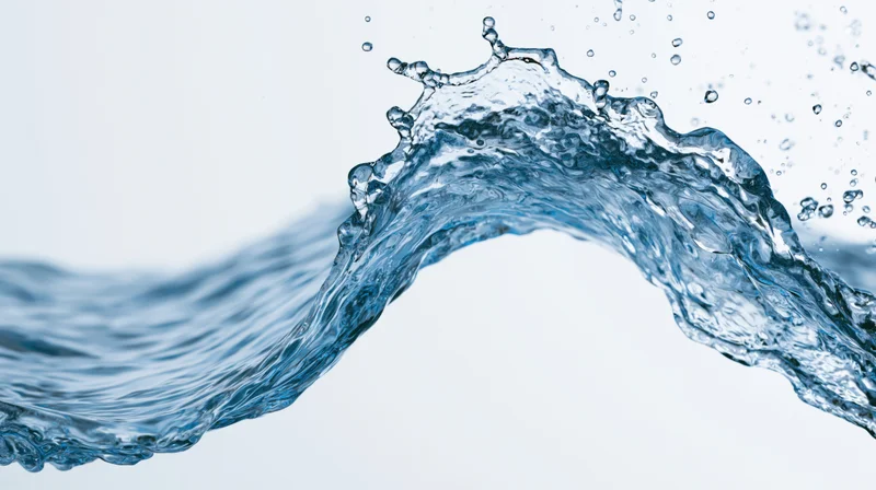 Dynamic water splash forming a curling wave shape against a white background