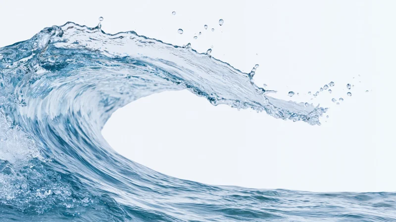 Curling water wave in motion against white background