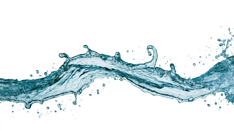Dynamic water splash frozen mid-air flowing horizontally across white background