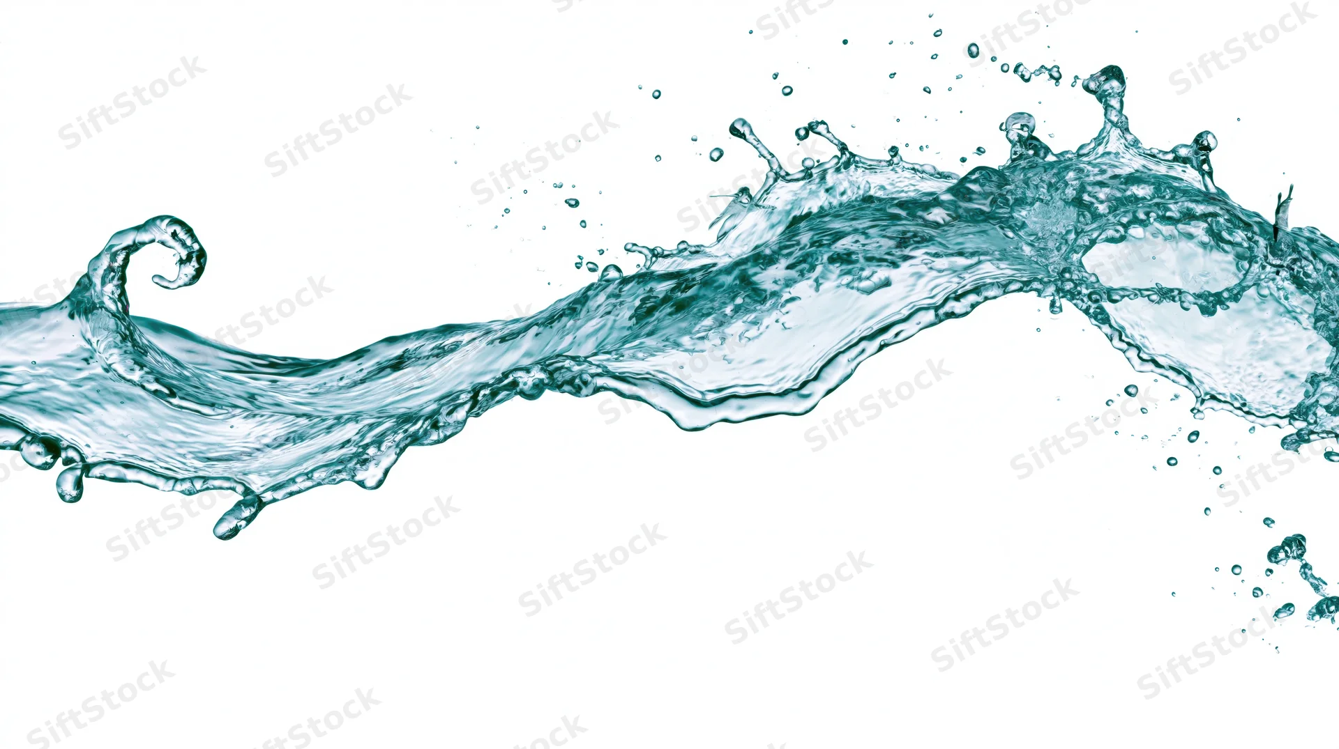 Dynamic water splash frozen mid-air flowing horizontally across white background