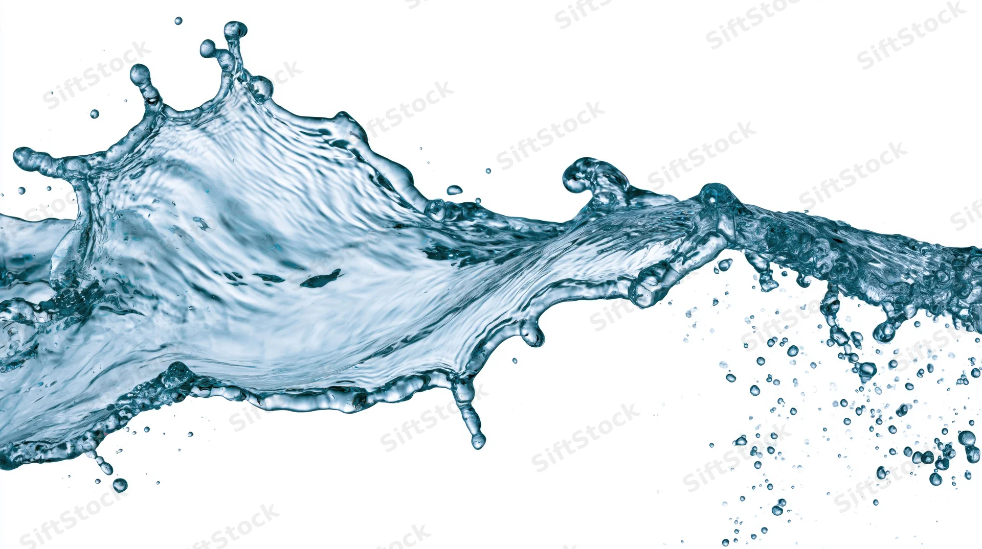 Dynamic water splash frozen mid-air flowing horizontally across white background