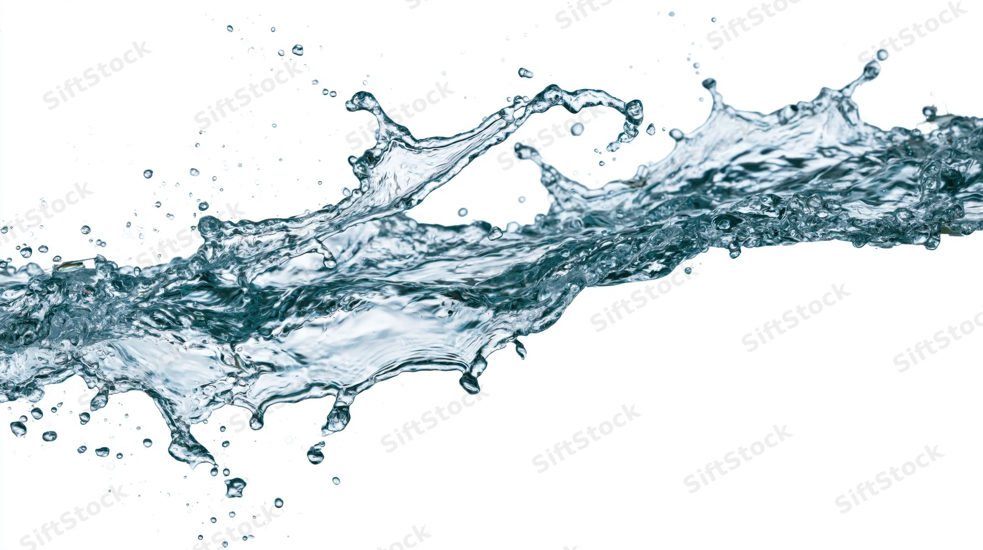 Dynamic water splash frozen mid-air flowing horizontally against white background