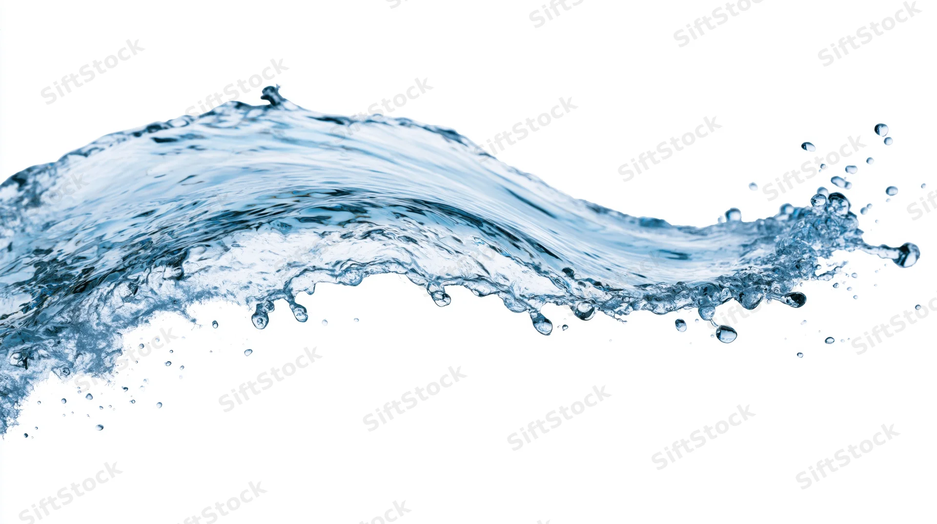 Dynamic water splash frozen mid-motion forming an arcing wave shape against white background