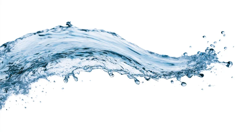 Dynamic water splash frozen mid-motion forming an arcing wave shape against white background