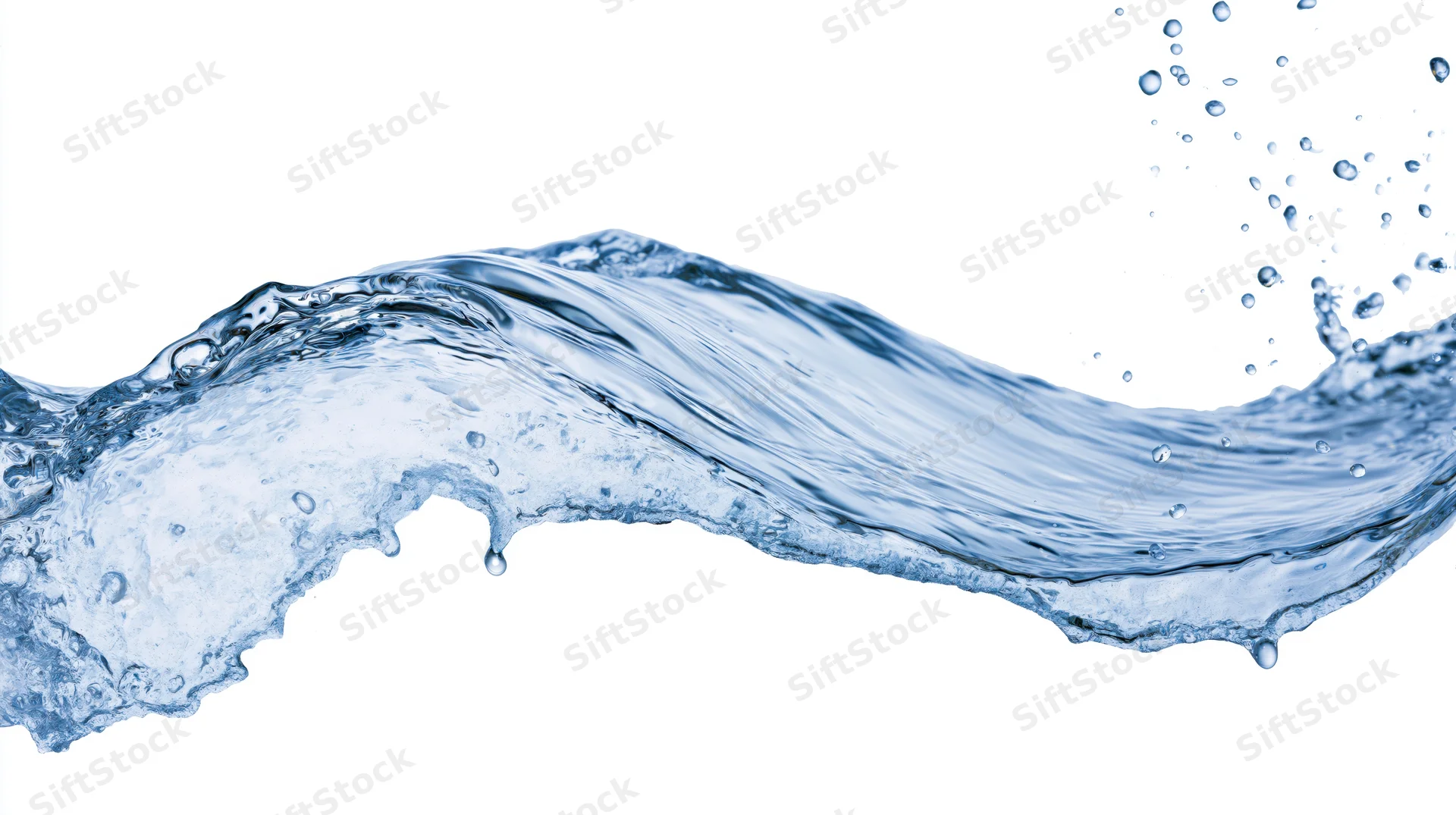Dynamic water splash frozen mid-motion arching wave shape on white background