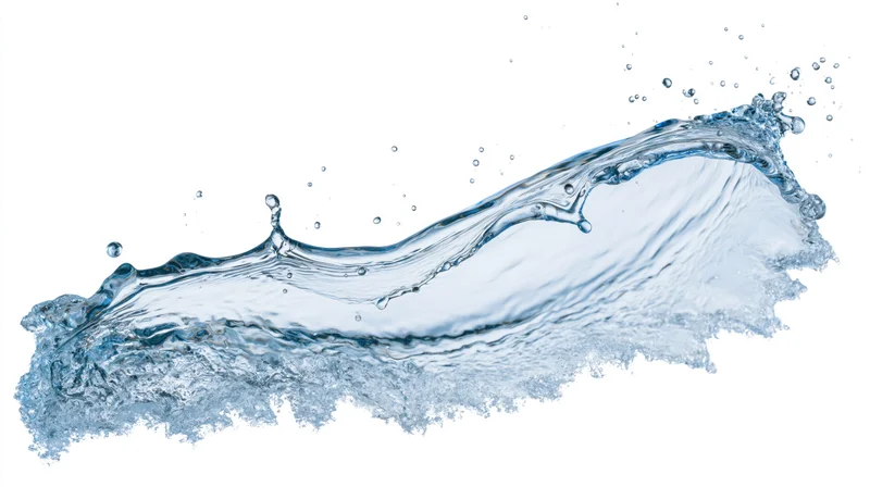 Dynamic water splash frozen mid-motion in an arcing wave shape against white background