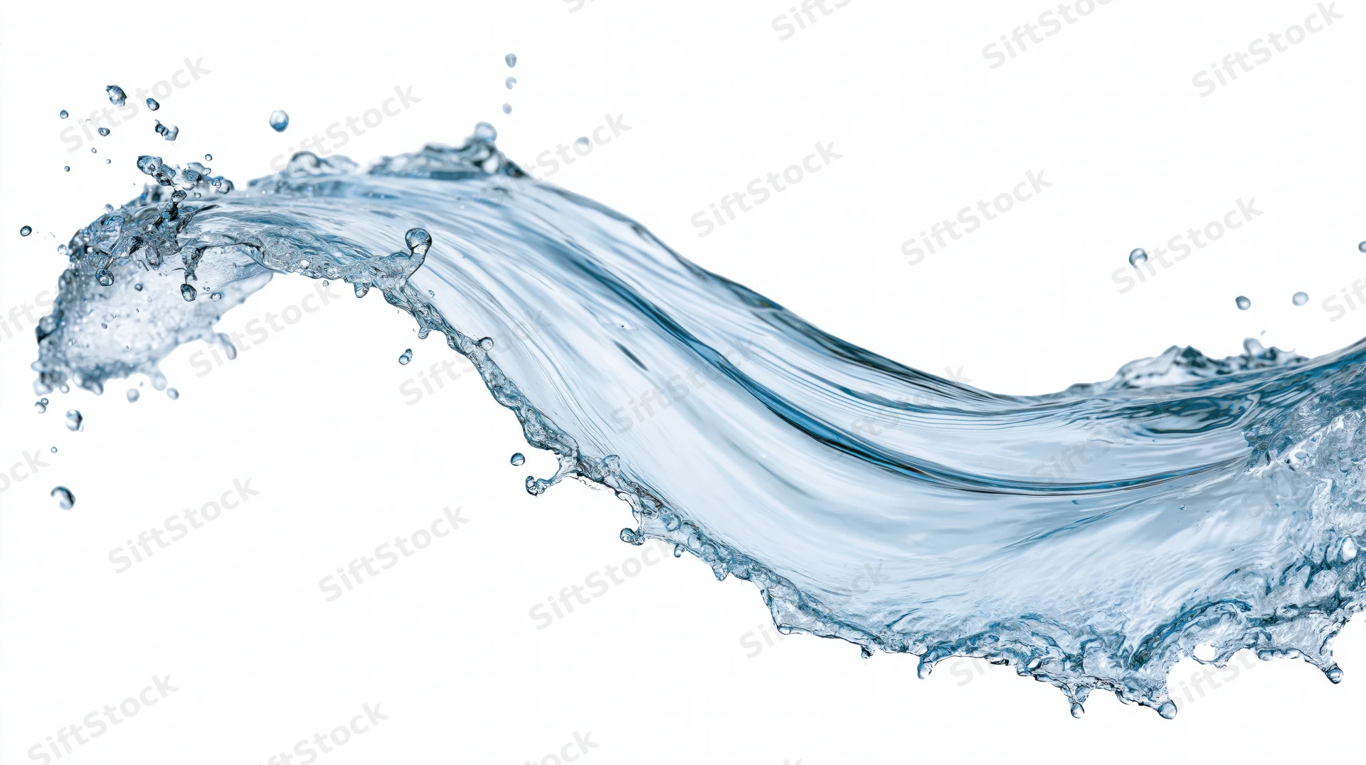 Dynamic water splash frozen mid-motion in an arcing wave shape against white background