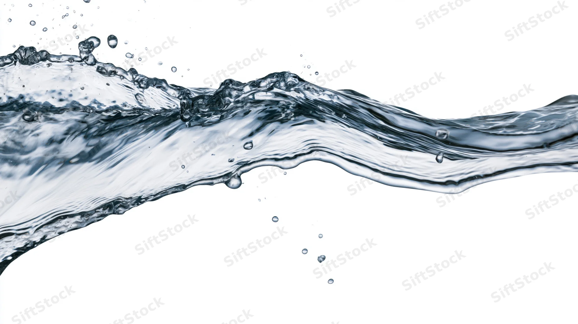 Dynamic water splash frozen mid-motion arcing horizontally against white background