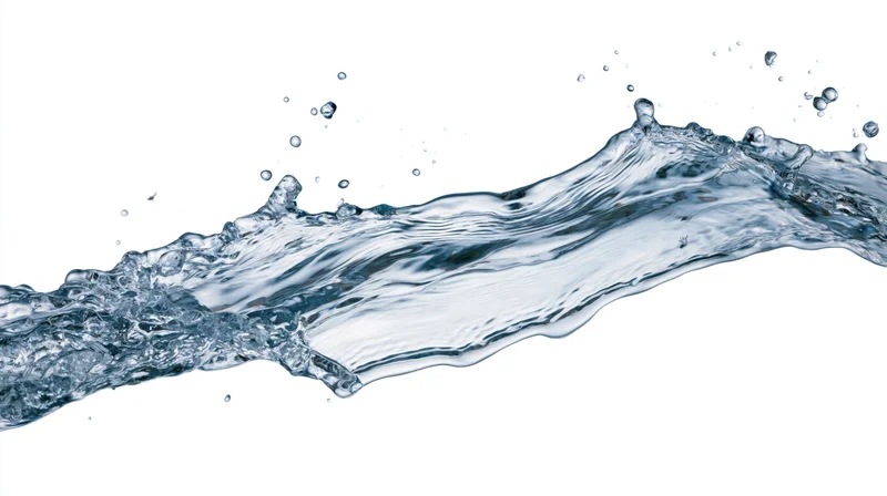 Dynamic water splash arcing horizontally frozen mid-motion against white background