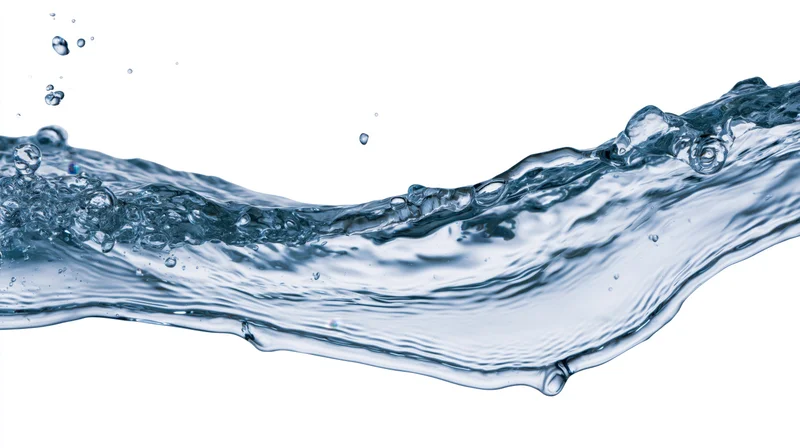 Dynamic water splash arcing horizontally frozen mid-motion against white background