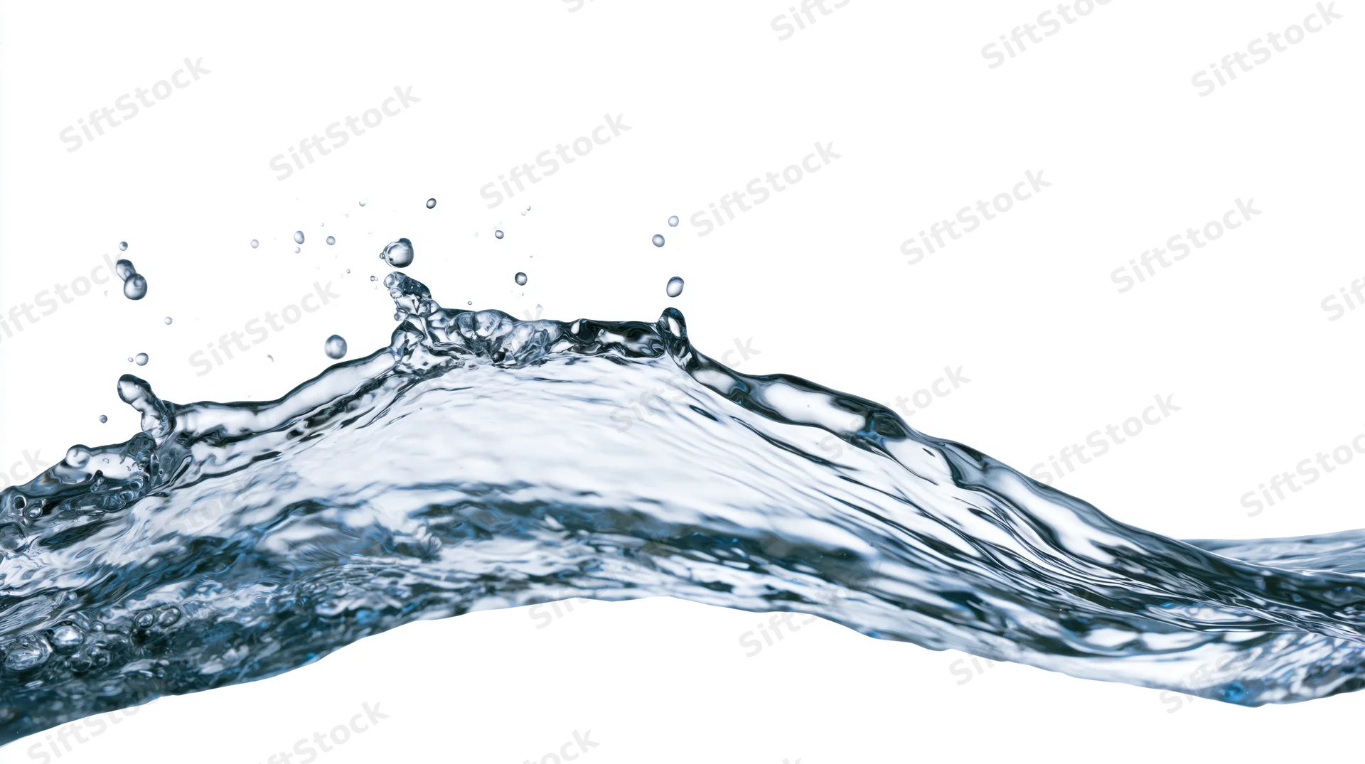 Dynamic water splash arcing horizontally against white background
