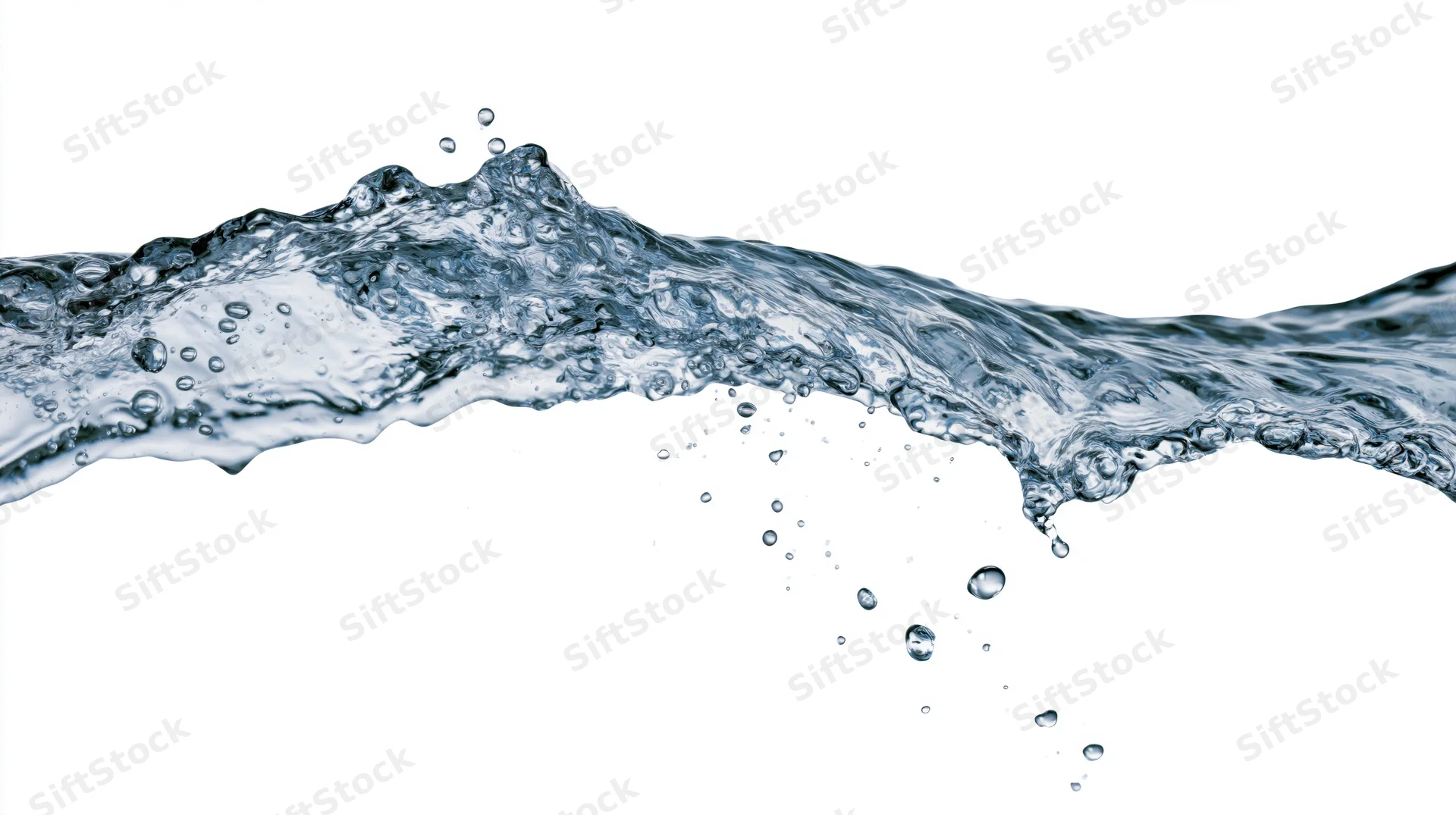 Dynamic water splash frozen mid-motion forming an elongated wave against white background