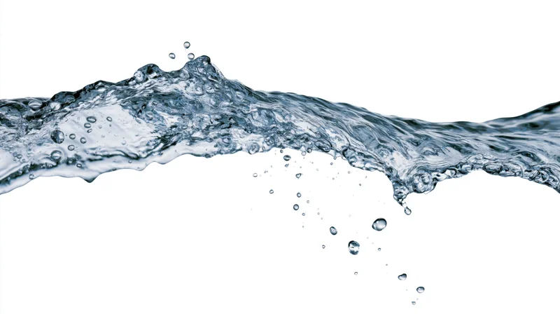 Dynamic water splash frozen mid-motion forming an elongated wave against white background