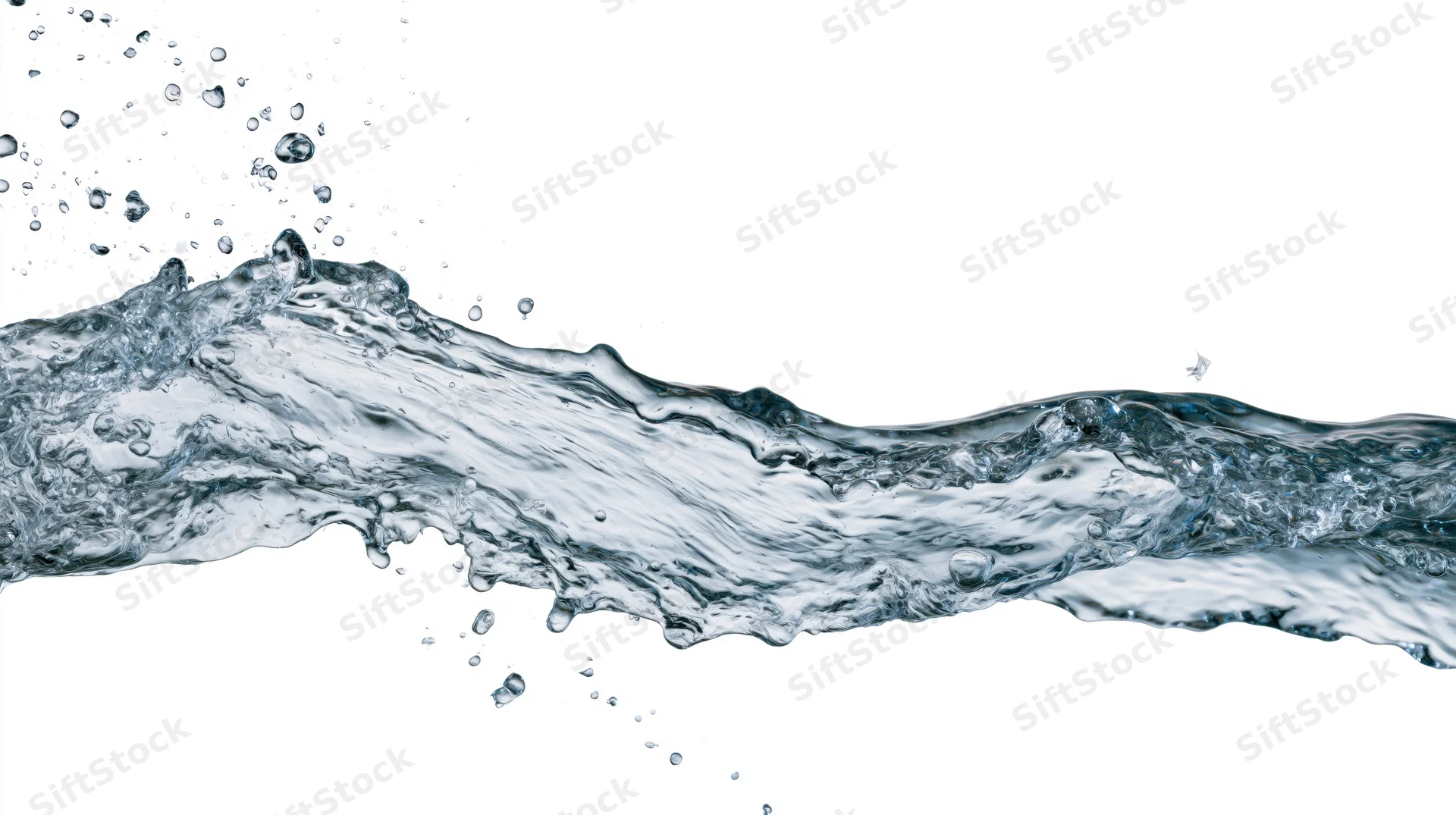 Water wave frozen mid-splash with droplets on white background