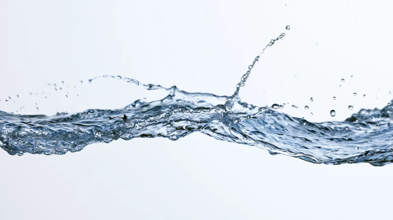 Dynamic water splash frozen mid-motion flowing horizontally against white background