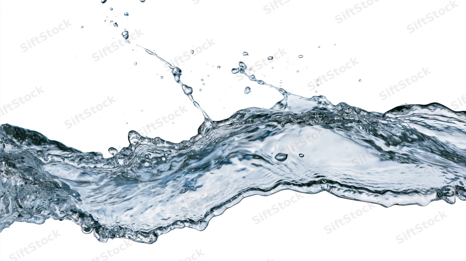 Dynamic water splash frozen mid-motion flowing horizontally against white background