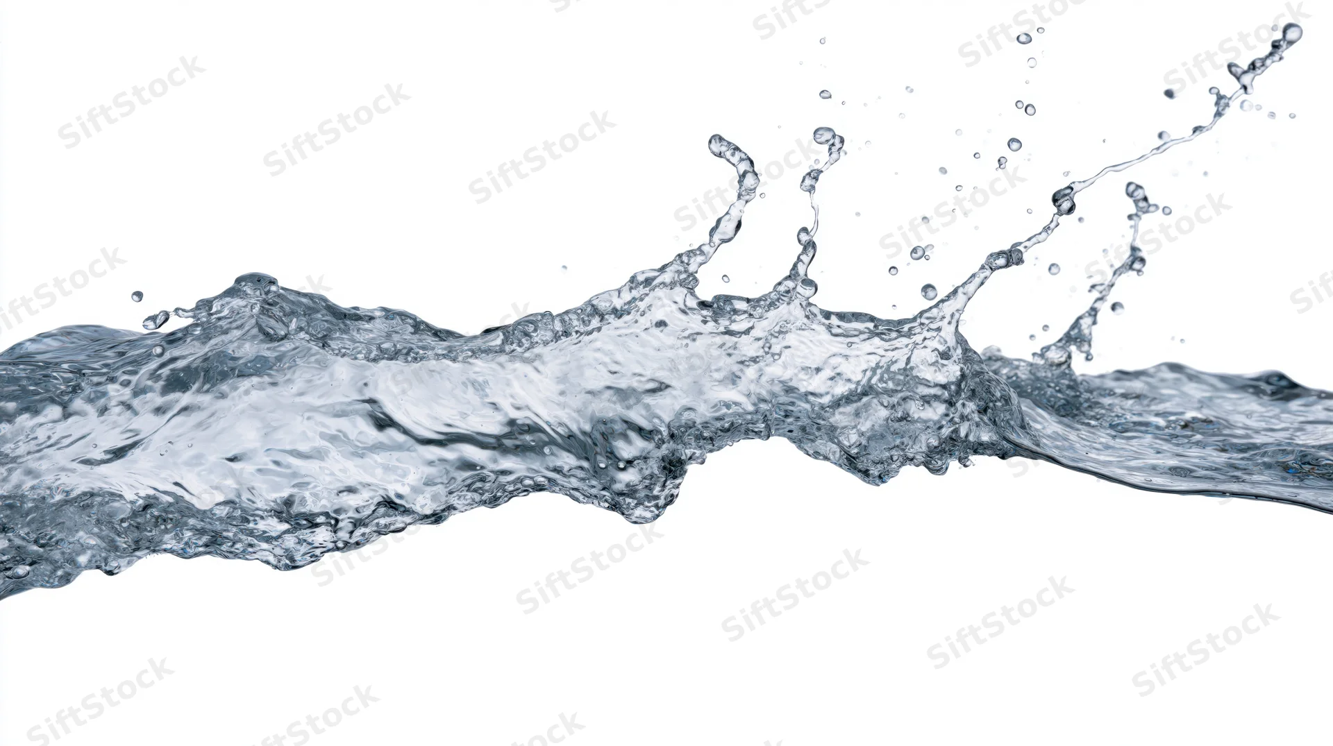 Dynamic water splash frozen mid-motion flowing horizontally against white background