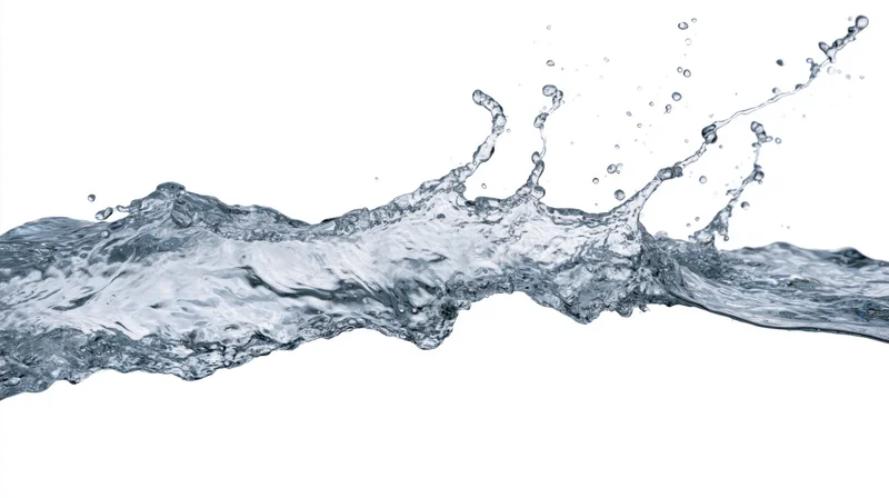 Dynamic water splash frozen mid-motion flowing horizontally against white background