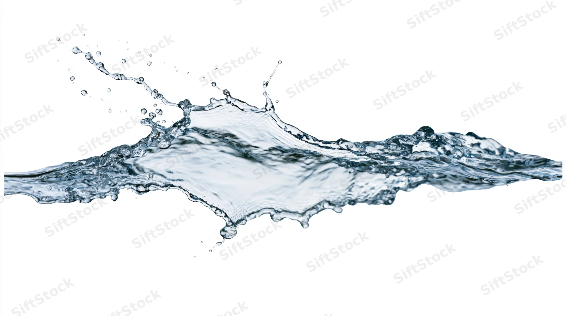 Dynamic water splash frozen mid-motion flowing horizontally against white background