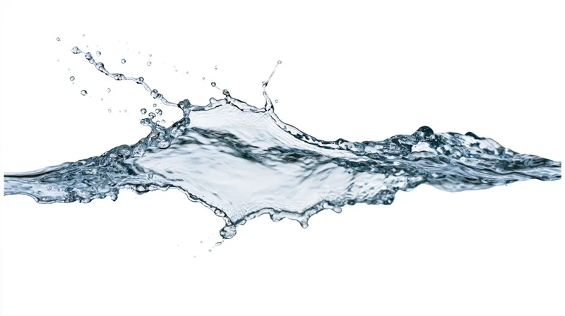 Dynamic water splash frozen mid-motion flowing horizontally against white background