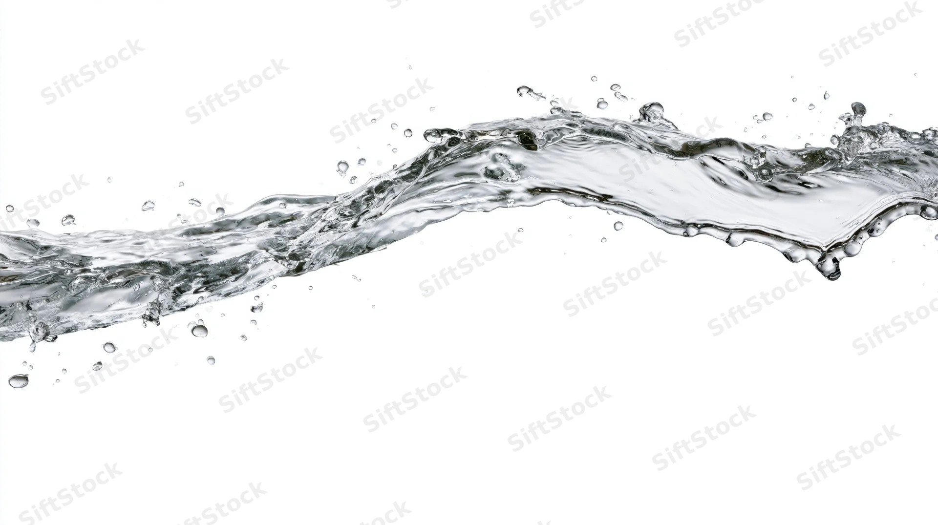 Dynamic water splash frozen mid-motion flowing horizontally against white background