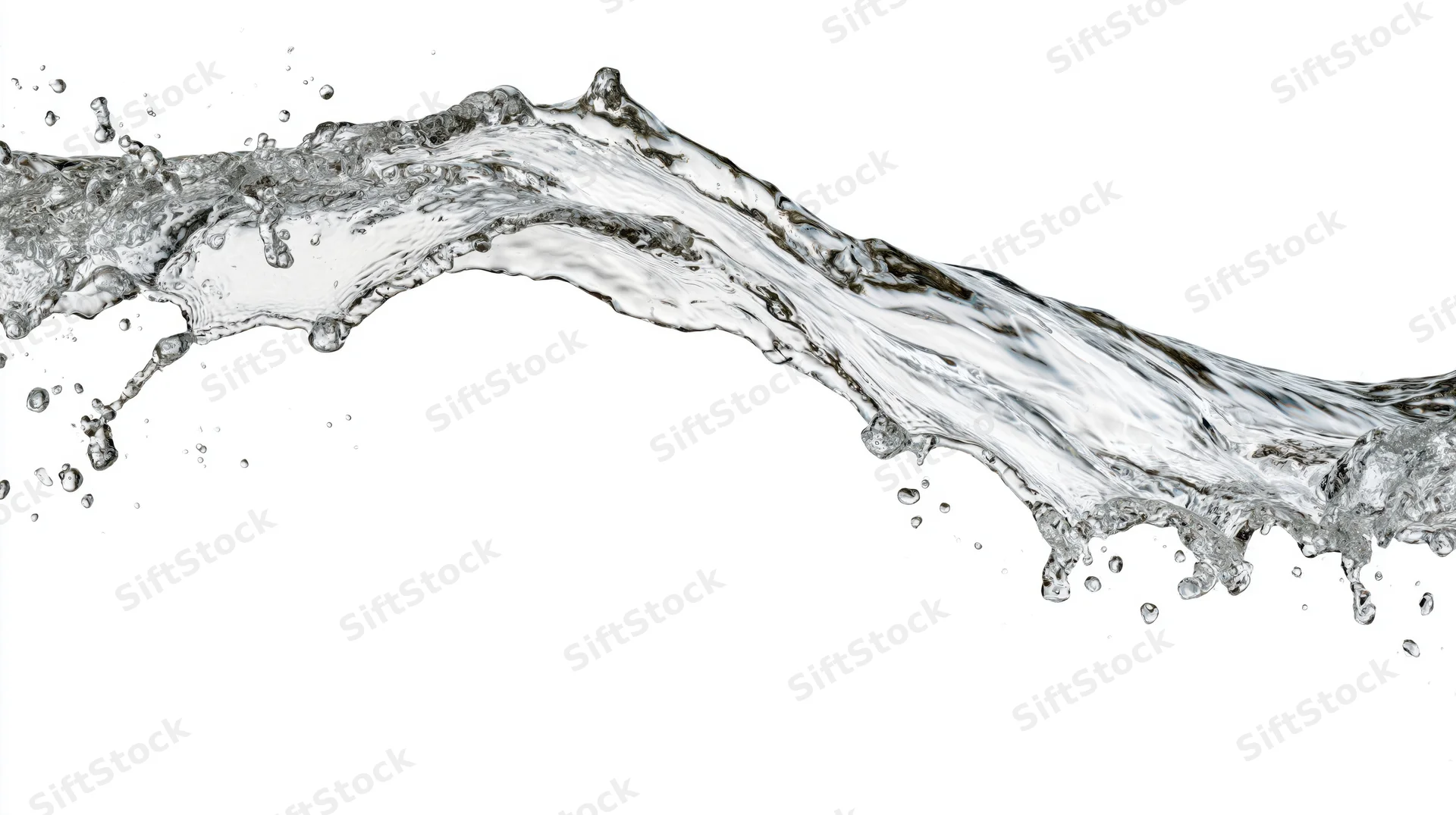 Dynamic water splash frozen mid-motion flowing in an arc against white background