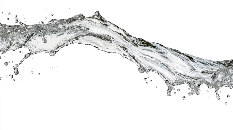 Dynamic water splash frozen mid-motion flowing in an arc against white background