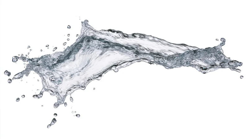 Dynamic water splash frozen mid-motion flowing in an arc against white background