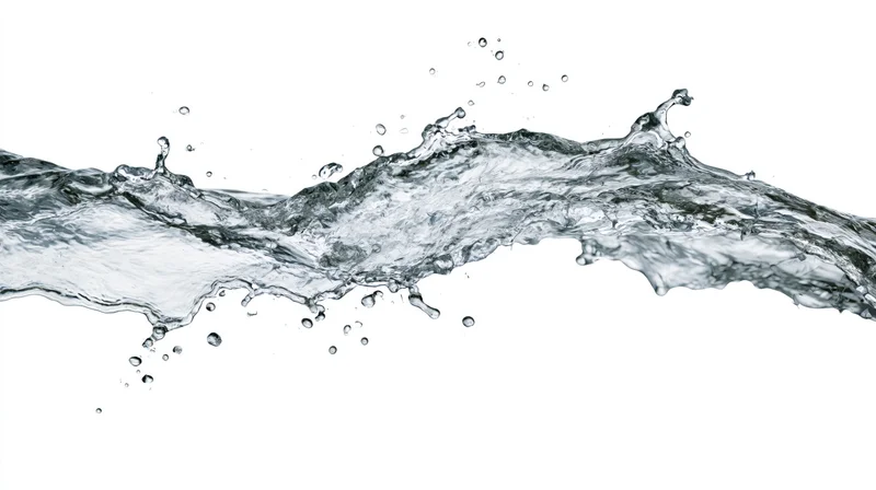 Dynamic water splash frozen mid-motion flowing horizontally against white background