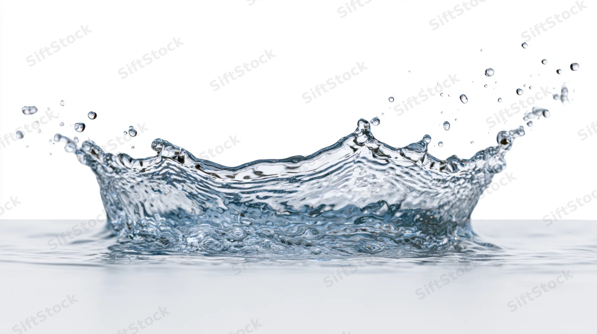 Dynamic water splash frozen mid-motion forming a crown shape against white background