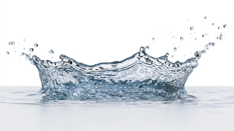 Dynamic water splash frozen mid-motion forming a crown shape against white background