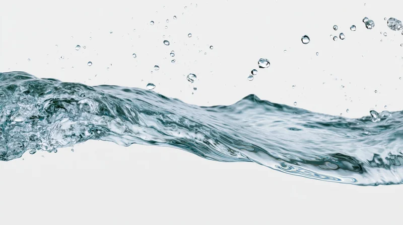 Dynamic wave of clear water mid-splash with droplets rising against white background