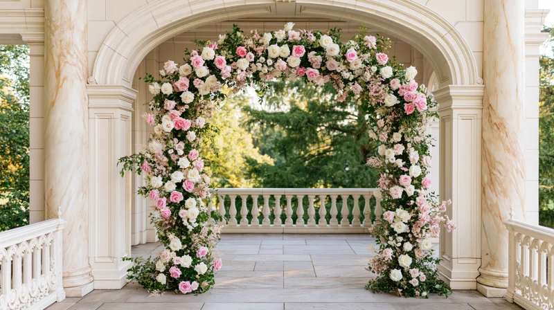 Floral wedding arch decorated with pink white and blush roses set under marble columns on a balcony