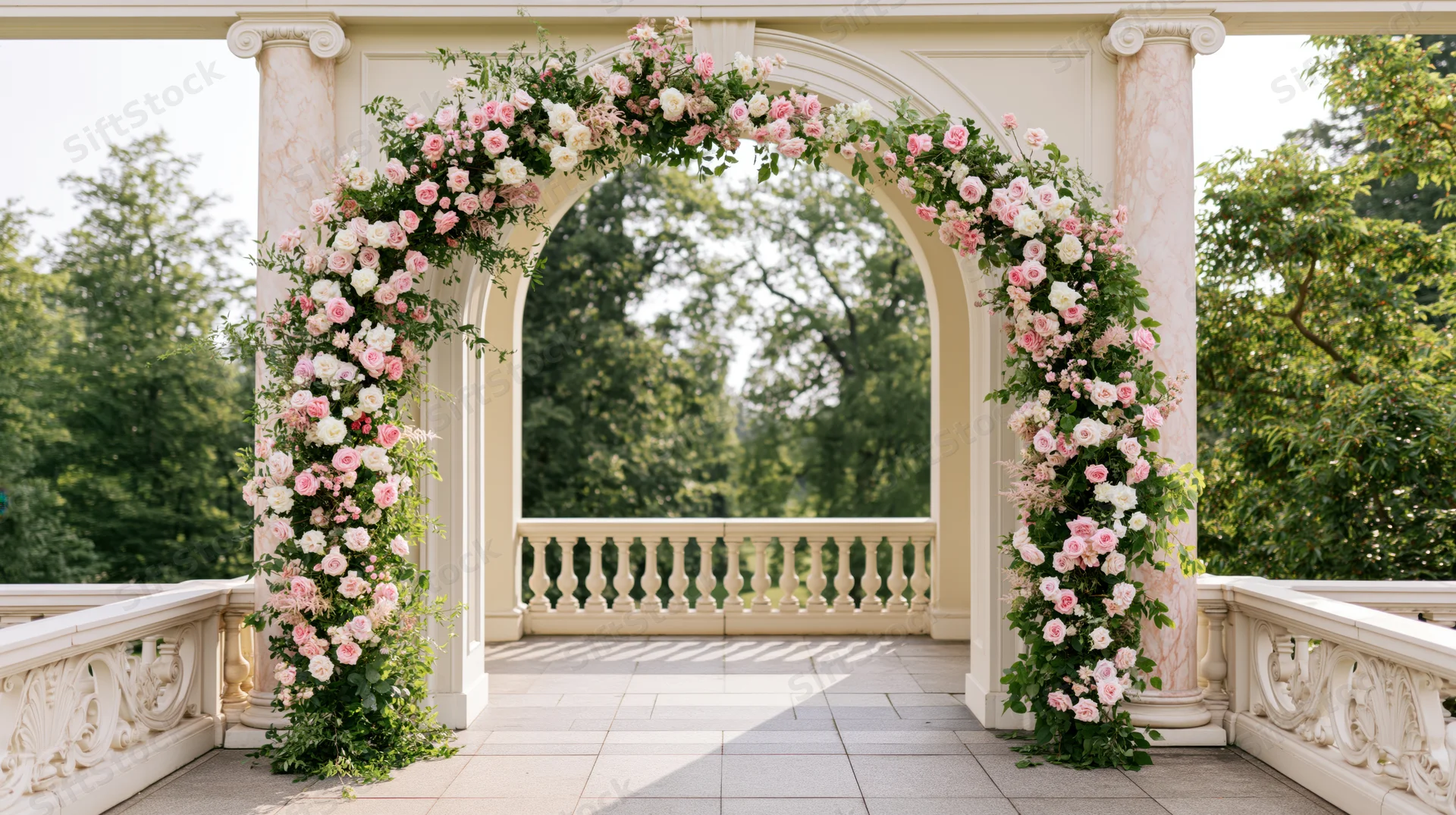 Floral wedding arch decorated with pink white and blush roses in a garden setting