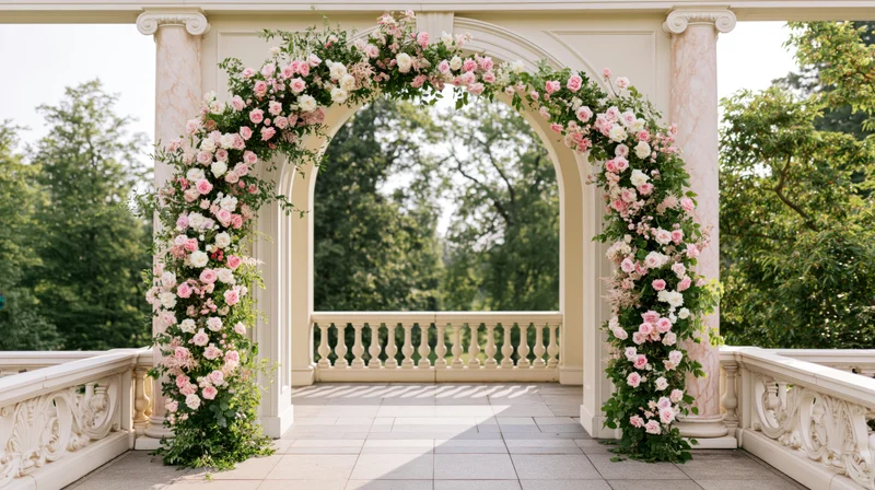 Floral wedding arch decorated with pink white and blush roses in a garden setting