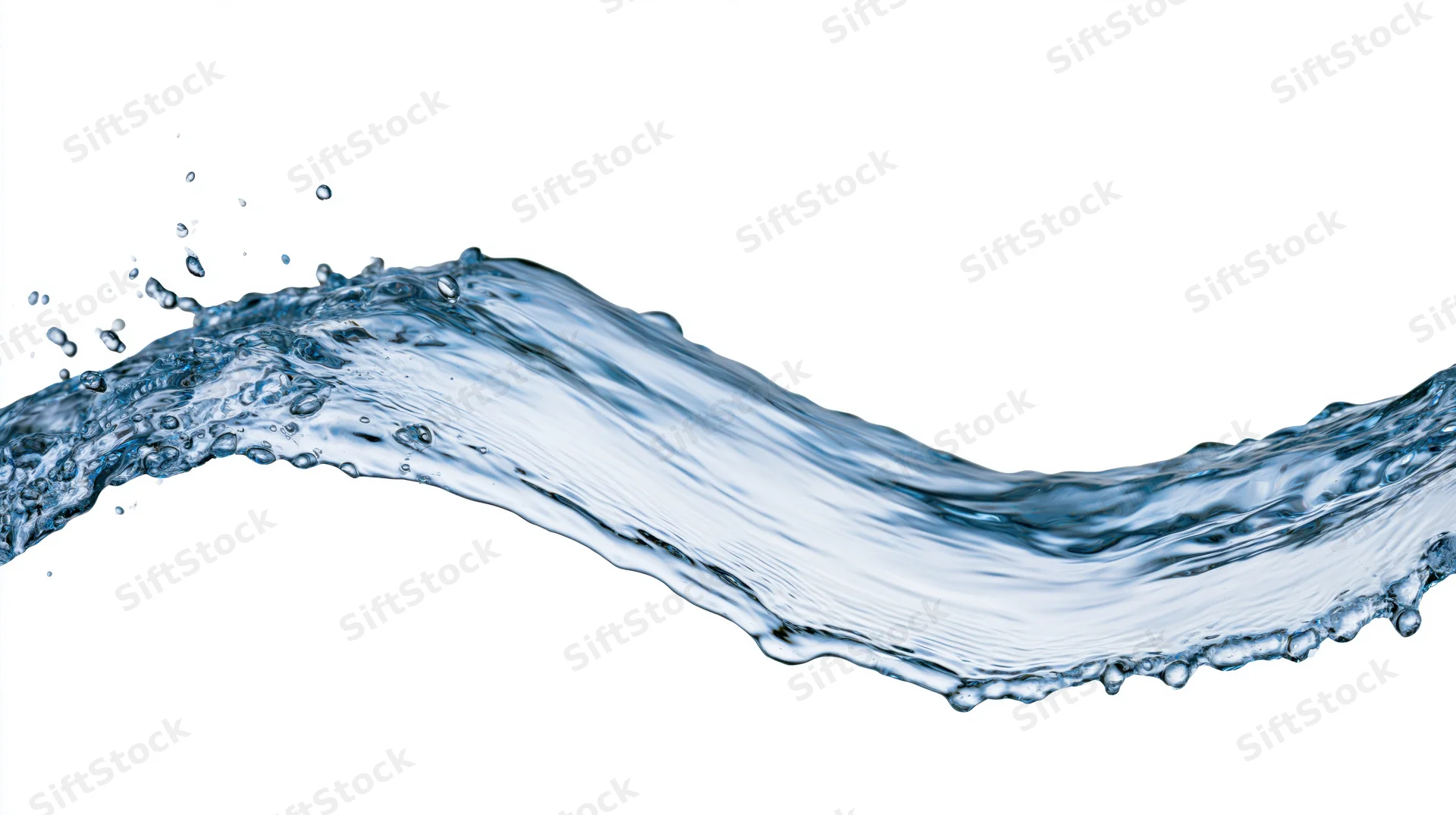 Flowing arc of clear blue water mid-splash curving across white background